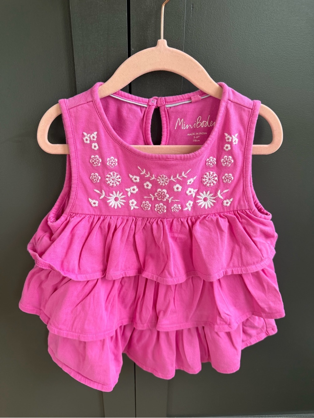 Mini Boden Pink Ruffle Cotton Tank with White Floral Embroidery | 5/6 Y